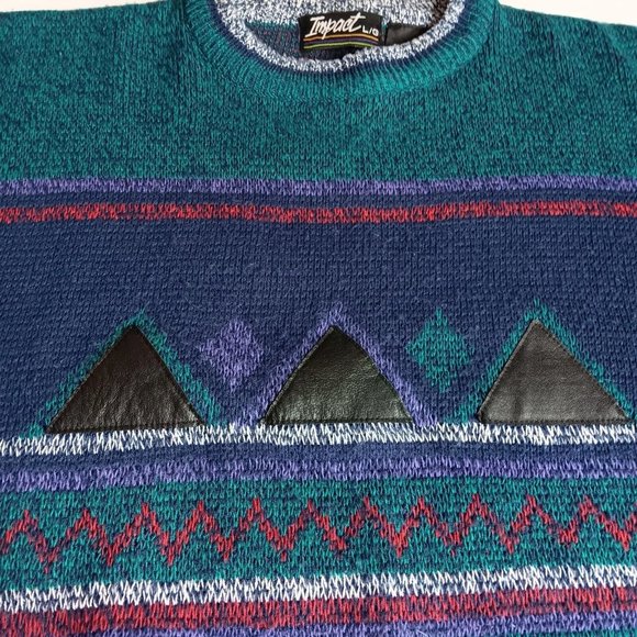 Vintage 90s Impact L Sweater Crew Neck Leather Patches Mountain Ski Retro READ - Picture 7 of 16